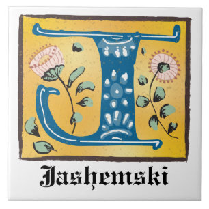 Mediaeval Floral Illuminated Letter J Monogram Ceramic Tile