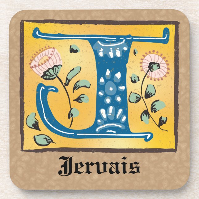 Mediaeval Floral Illuminated Letter J Monogram Coaster (Front)