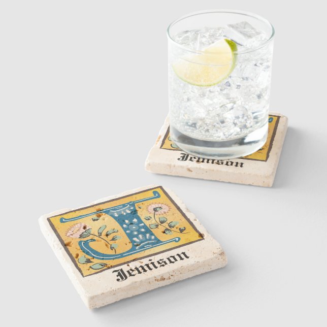 Mediaeval Floral Illuminated Letter J Monogram Stone Coaster (Side)