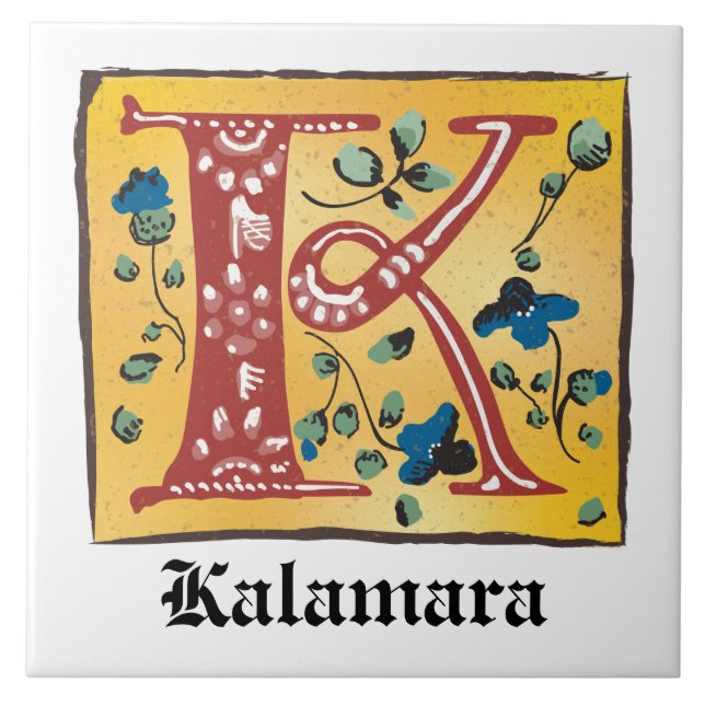 Mediaeval Floral Illuminated Letter K Monogram Ceramic Tile (Front)