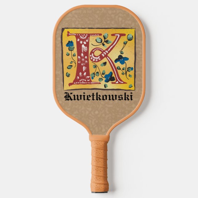 Mediaeval Floral Illuminated Letter K Monogram Pickleball Paddle (Front)