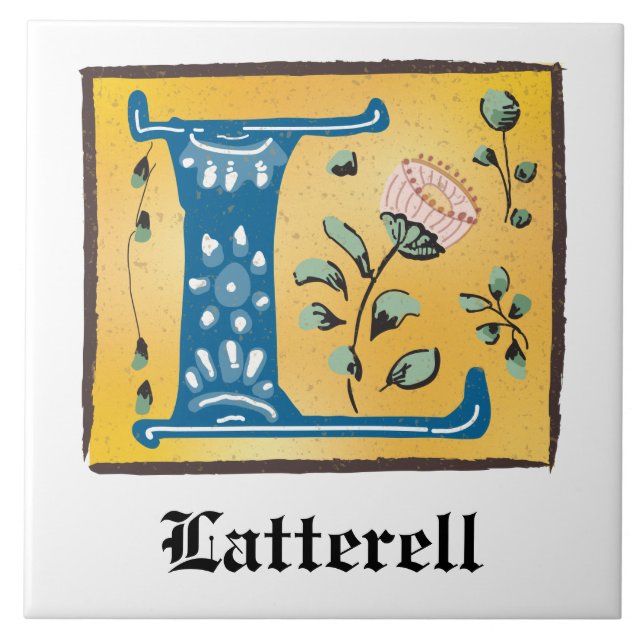 Mediaeval Floral Illuminated Letter L Monogram Ceramic Tile (Front)