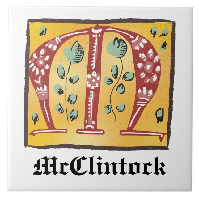 Mediaeval Floral Illuminated Letter M Monogram Ceramic Tile (Front)