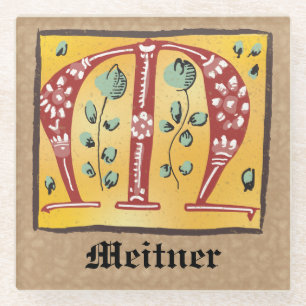 Mediaeval Floral Illuminated Letter M Monogram Glass Coaster