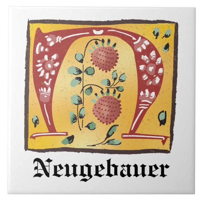 Mediaeval Floral Illuminated Letter N Monogram Ceramic Tile (Front)