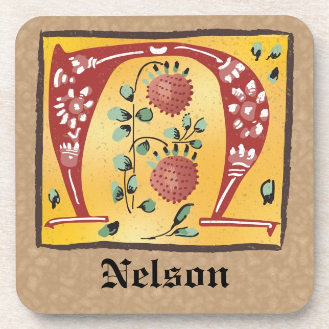 Mediaeval Floral Illuminated Letter N Monogram Coaster (Front)