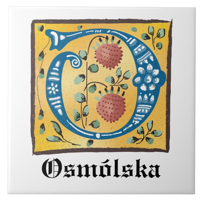 Mediaeval Floral Illuminated Letter O Monogram Ceramic Tile (Front)