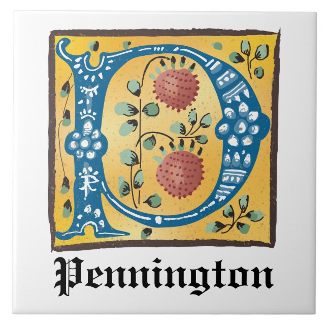 Mediaeval Floral Illuminated Letter P Monogram Ceramic Tile (Front)
