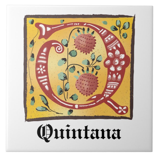 Mediaeval Floral Illuminated Letter Q Monogram Ceramic Tile (Front)