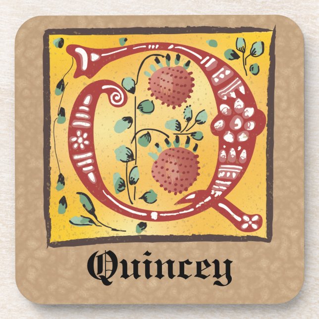 Mediaeval Floral Illuminated Letter Q Monogram Coaster (Front)