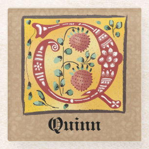 Mediaeval Floral Illuminated Letter Q Monogram Glass Coaster