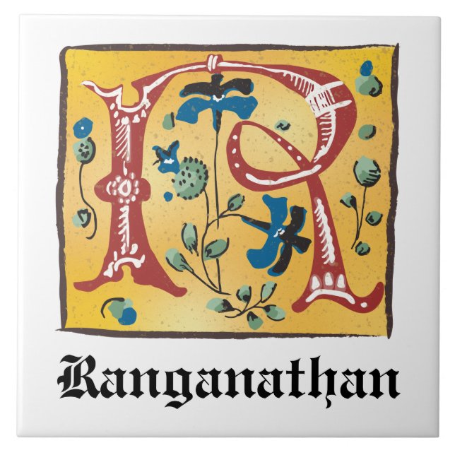 Mediaeval Floral Illuminated Letter R Monogram Ceramic Tile (Front)