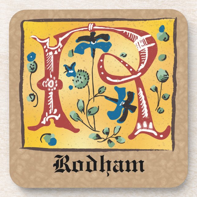 Mediaeval Floral Illuminated Letter R Monogram Coaster (Front)