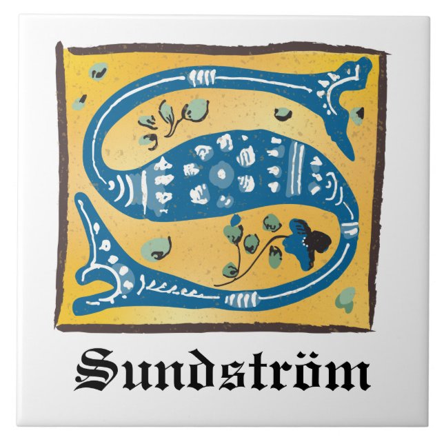 Mediaeval Floral Illuminated Letter S Monogram Ceramic Tile (Front)