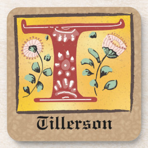 Mediaeval Floral Illuminated Letter T Monogram Coaster