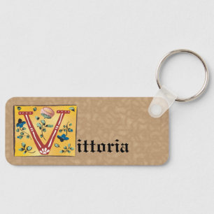 Mediaeval Floral Illuminated Letter V Monogram Key Ring