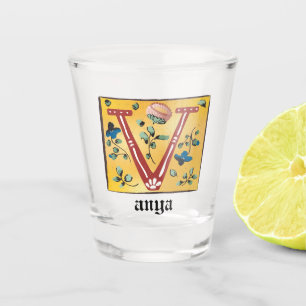 Mediaeval Floral Illuminated Letter V Monogram Shot Glass