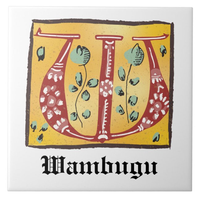 Mediaeval Floral Illuminated Letter W Monogram Ceramic Tile (Front)