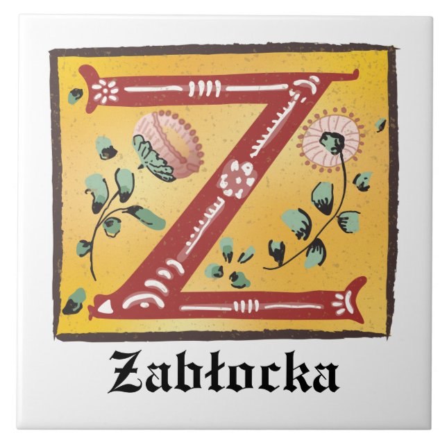 Mediaeval Floral Illuminated Letter Z Monogram Ceramic Tile (Front)