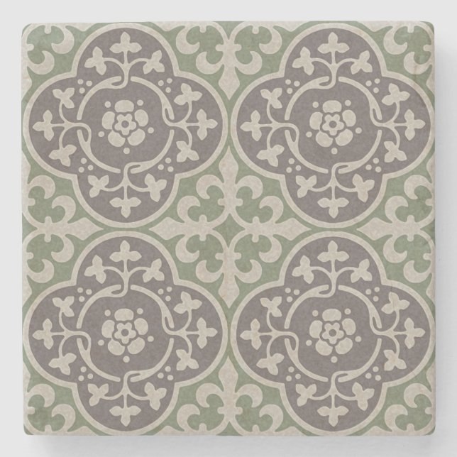 Mediaeval Floral Quatrefoils Stone Coaster (Front)