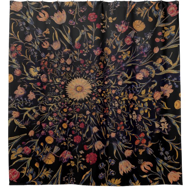 Mediaeval Flowers on Black Shower Curtain (Front)