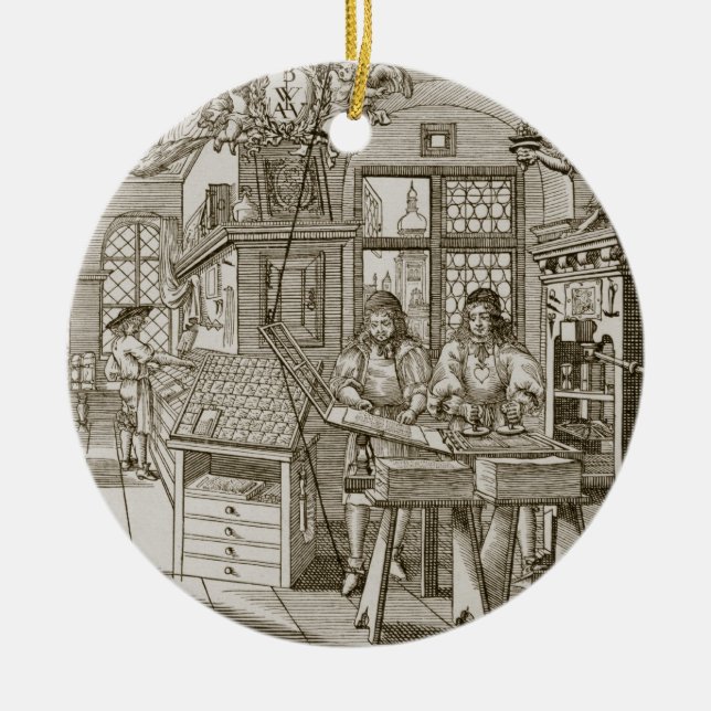 Mediaeval German printing press (engraving) Ceramic Tree Decoration (Front)