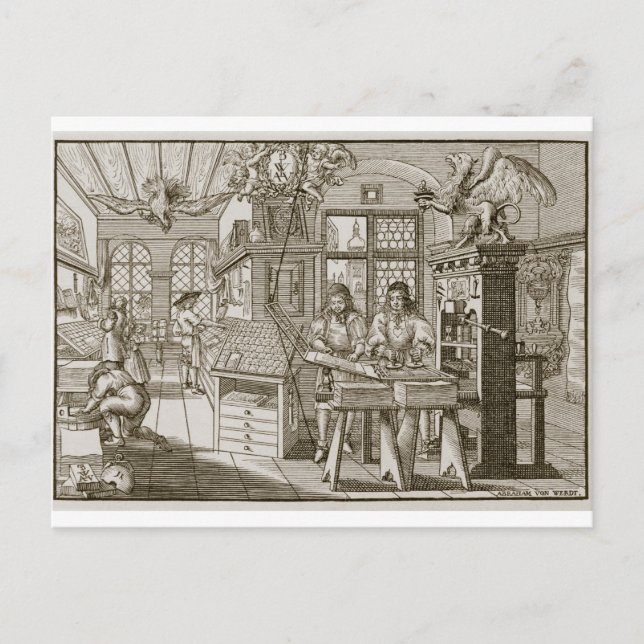Mediaeval German printing press (engraving) Postcard (Front)