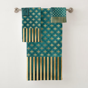 Mediaeval Gold Armour Teal Elegant Pattern Monogra Bath Towel Set