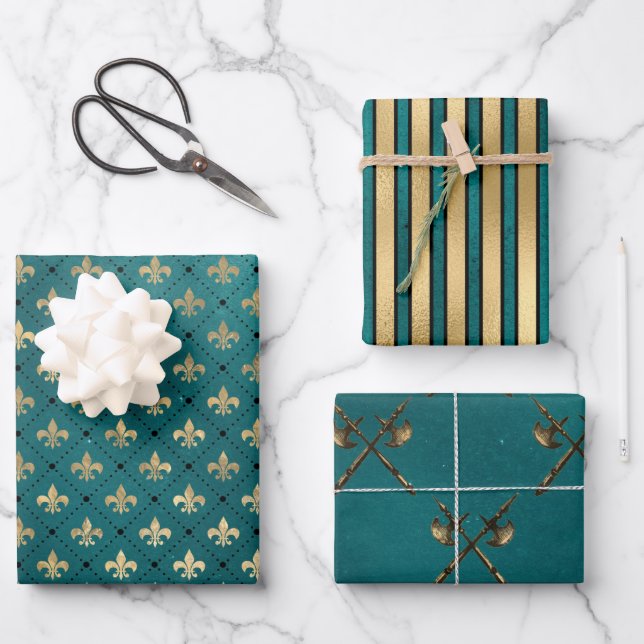 Mediaeval Gold Armour Teal Elegant Pattern Wrapping Paper Sheet (Front)
