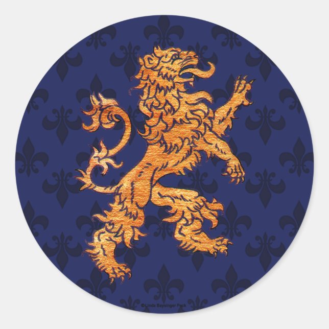 Mediaeval Gold Lion Blue Fleur de Lis Classic Round Sticker (Front)
