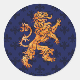 Mediaeval Gold Lion Blue Fleur de Lis Classic Round Sticker