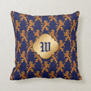 Mediaeval Gold Lion Blue Fleur de Lis Cushion
