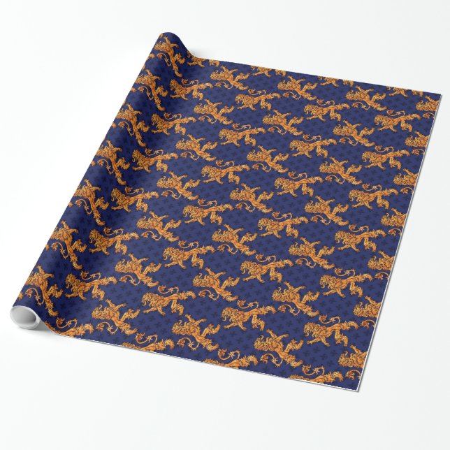 Mediaeval Gold Lion Blue Fleur de Lis Wrapping Paper (Unrolled)
