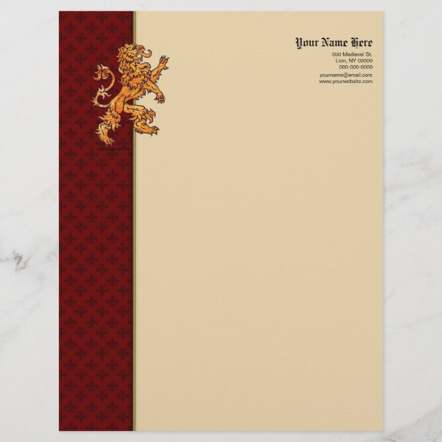 Mediaeval Gold Lion Red Fleur de Lis Custom Letterhead (Front)