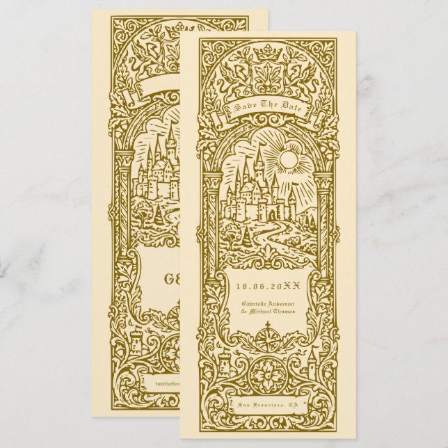 Mediaeval Gold Wedding Bookmark Save The Date Invitation (Front/Back)