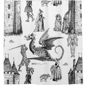 mediaeval gothic dragon knight skeleton toile shower curtain