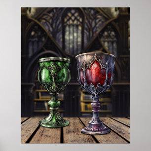 Mediaeval Gothic Green Red Goblet Castle Library Poster