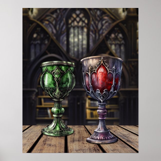 Mediaeval Gothic Green Red Goblet Castle Library Poster (Front)