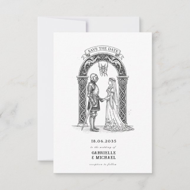 Mediaeval Gothic Knight Bride Groom Arch  Save The Date (Front)