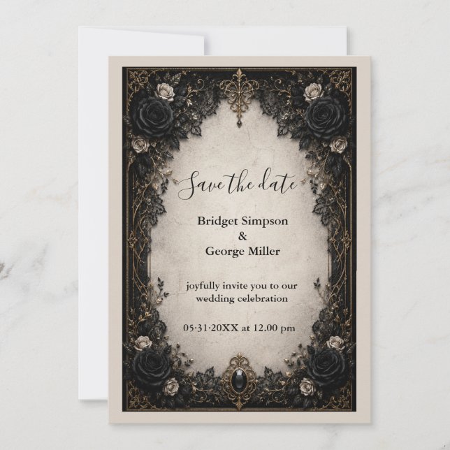 Mediaeval Gothic Noir Black Rose Wedding Invitation (Front)