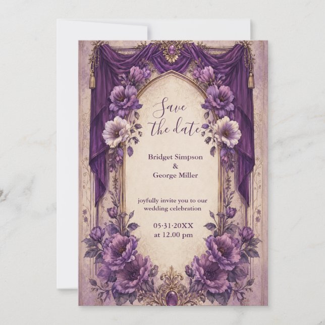 Mediaeval Gothic Purple Draped Arch Wedding  Invitation (Front)