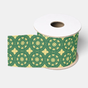 Mediaeval Green Beige Rosette Flower Pattern Grosgrain Ribbon