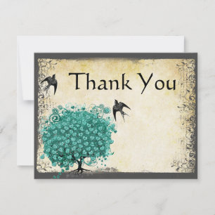 Mediaeval Green Heart Leaf Tree Love Bird Thank You Card