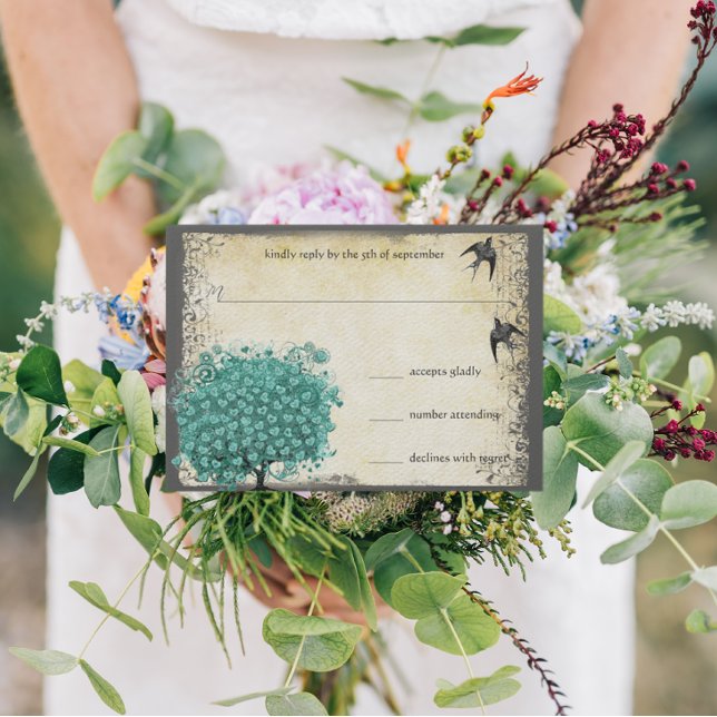 Mediaeval Green Heart Leaf Tree Love Bird Wedding RSVP Card (Creator Uploaded)