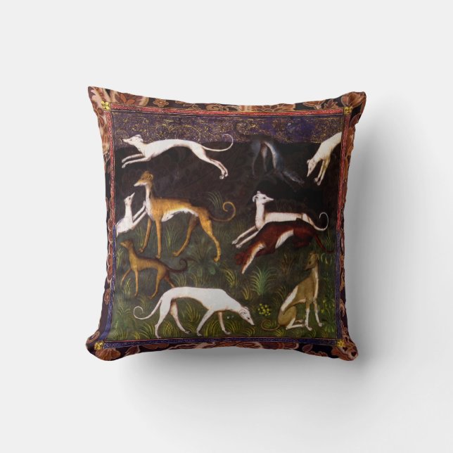 Mediaeval Greyhound Dogs on Paisley Cushion (Front)
