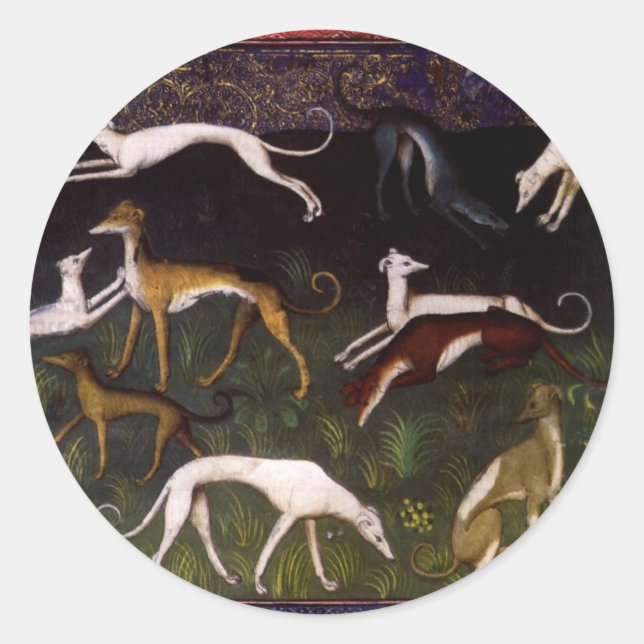 Mediaeval Greyhounds in the Deep Forest Classic Round Sticker (Front)