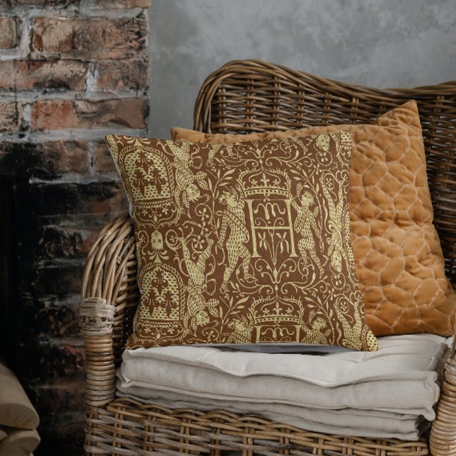 Mediaeval Heraldry Chateau Chic Brown and Beige Cushion (Creator Uploaded)