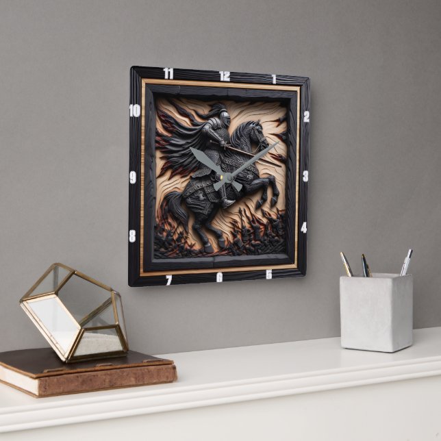 Mediaeval Honour: Carved Wood Display Square Wall Clock (Office)