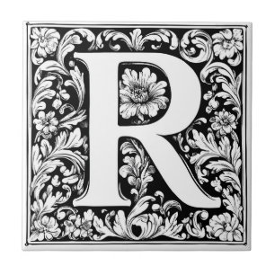 Mediaeval Illuminated Letter R Ceramic Tile