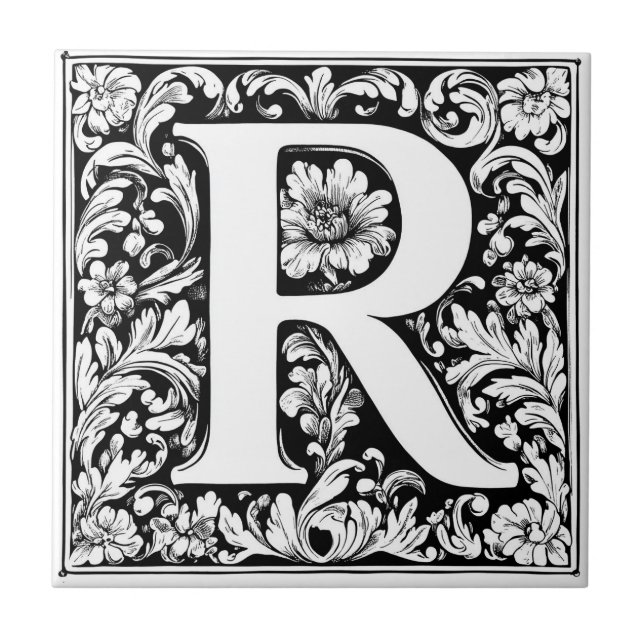 Mediaeval Illuminated Letter R Ceramic Tile (Front)